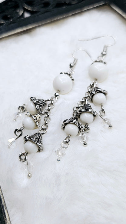 Whimsical White & Silver Bellflower Cluster Dangles