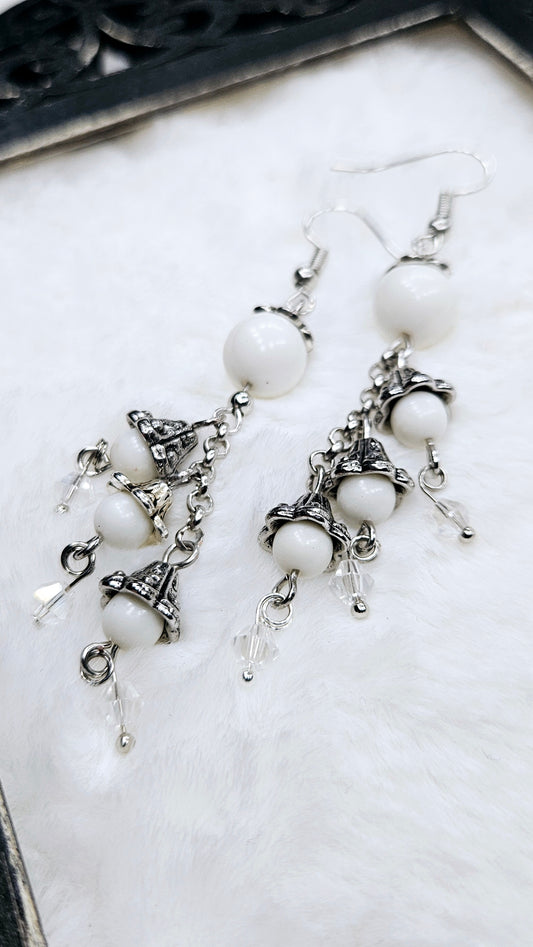 Whimsical White & Silver Bellflower Cluster Dangles