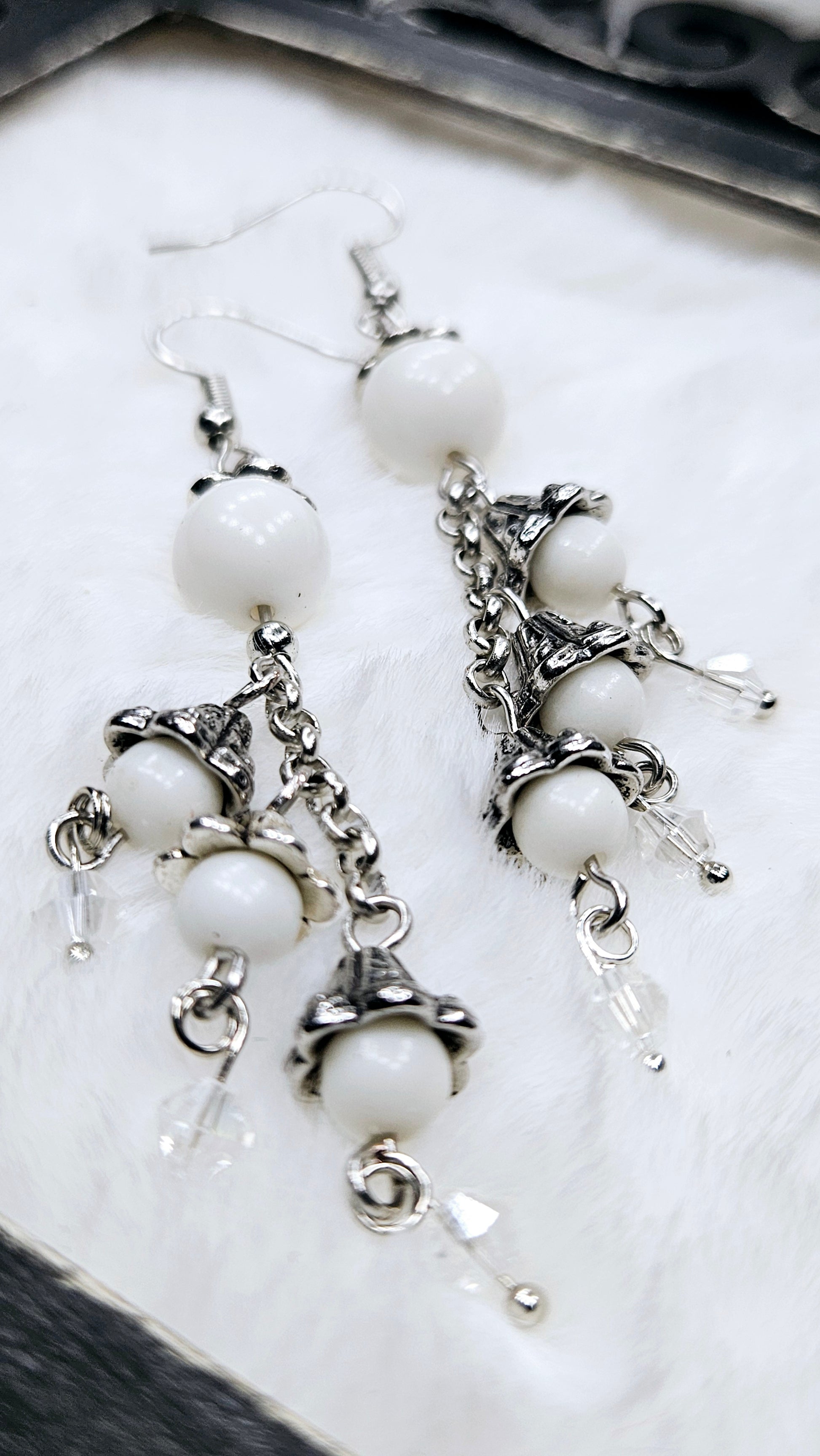 Whimsical White & Silver Bellflower Cluster Dangles