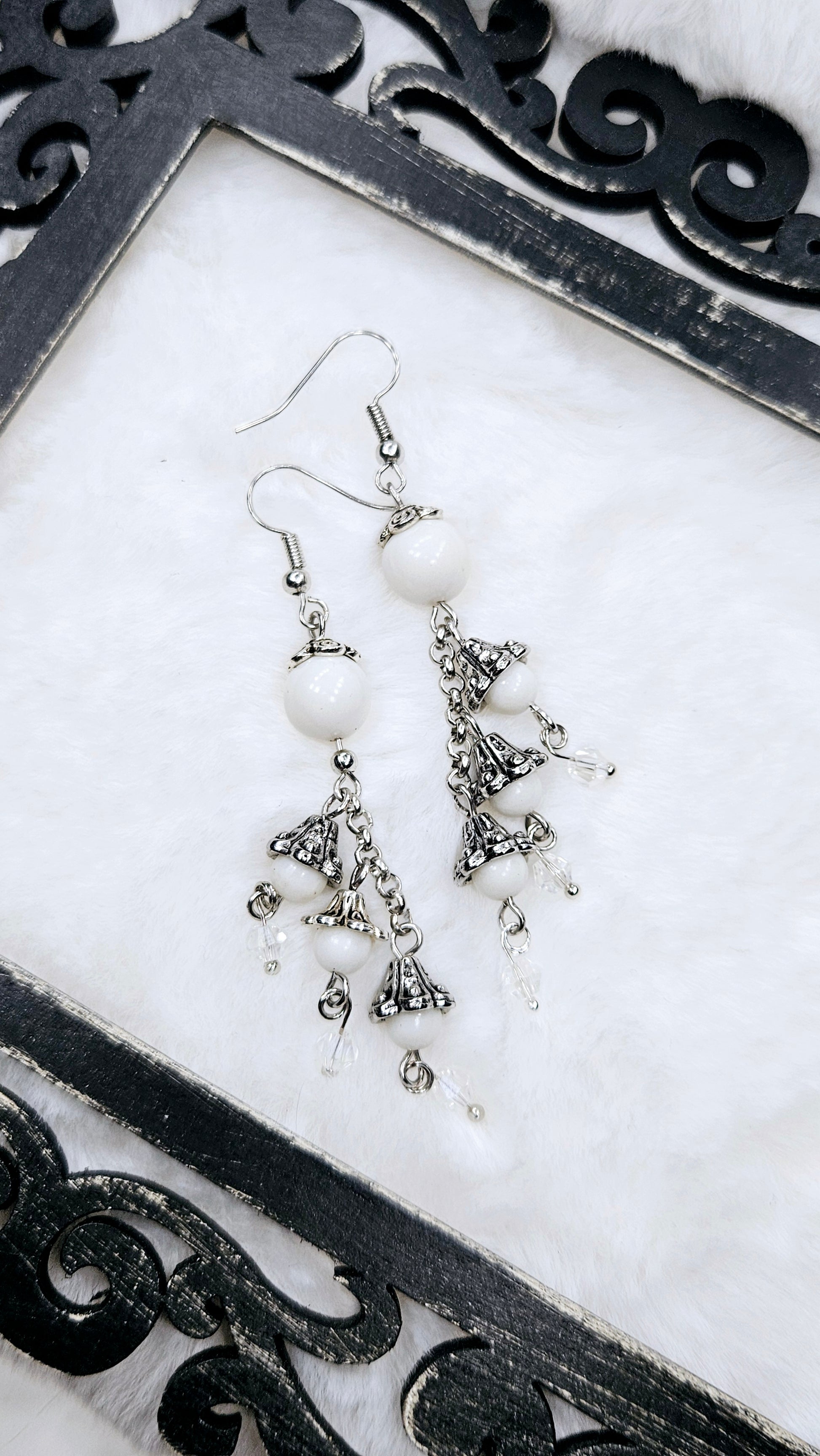 Whimsical White & Silver Bellflower Cluster Dangles