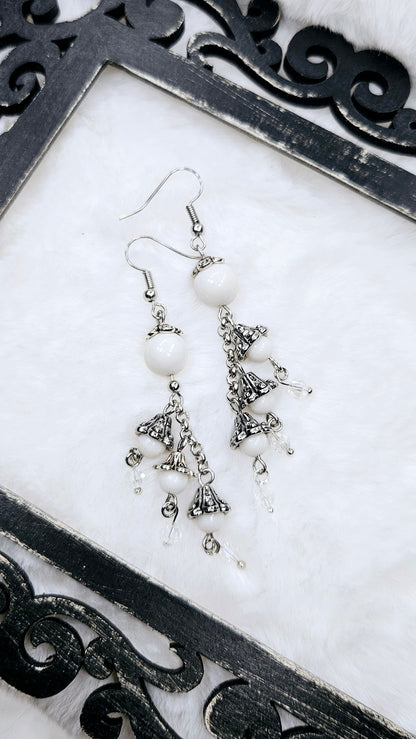 Whimsical White & Silver Bellflower Cluster Dangles