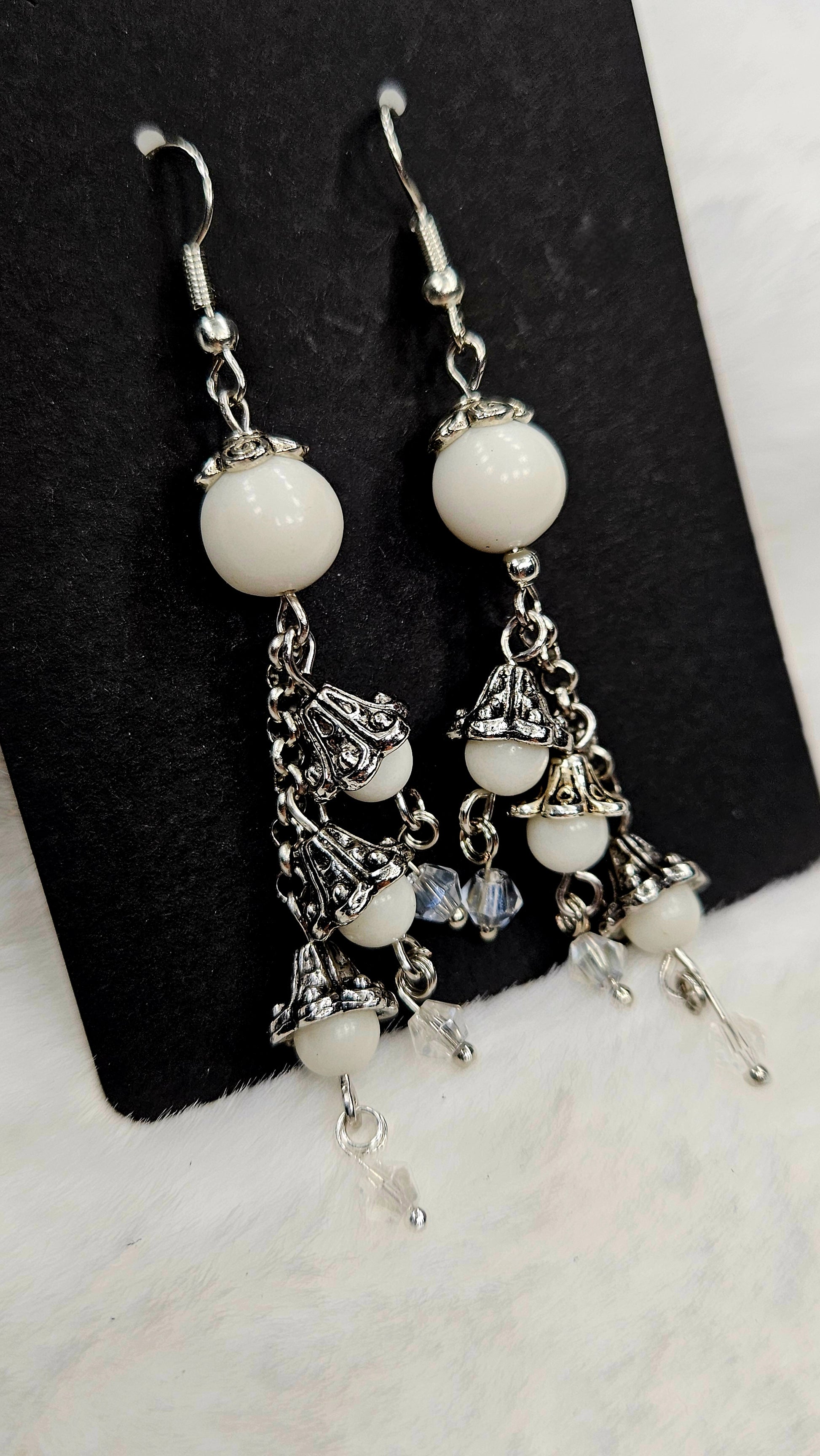 Whimsical White & Silver Bellflower Cluster Dangles