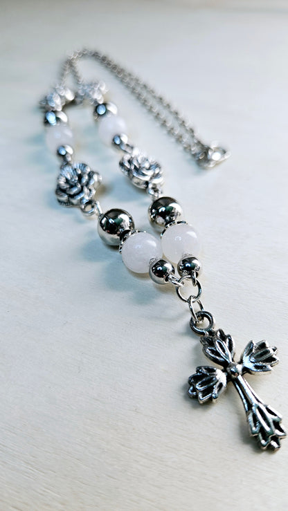 White Glass & Silver Roses Cross Pendant Chain Necklace