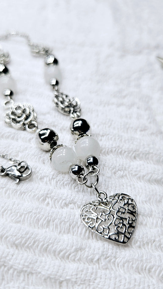 White Glass & Silver Roses Heart Pendant Chain Necklace