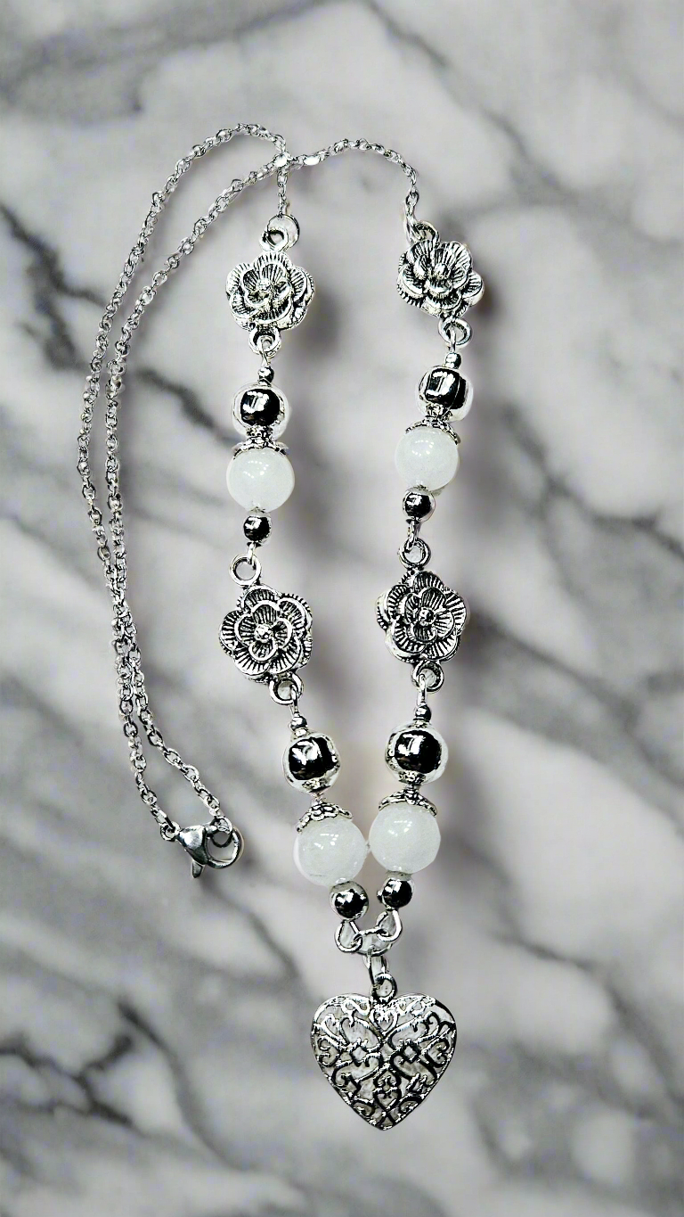 White Glass & Silver Roses Heart Pendant Chain Necklace