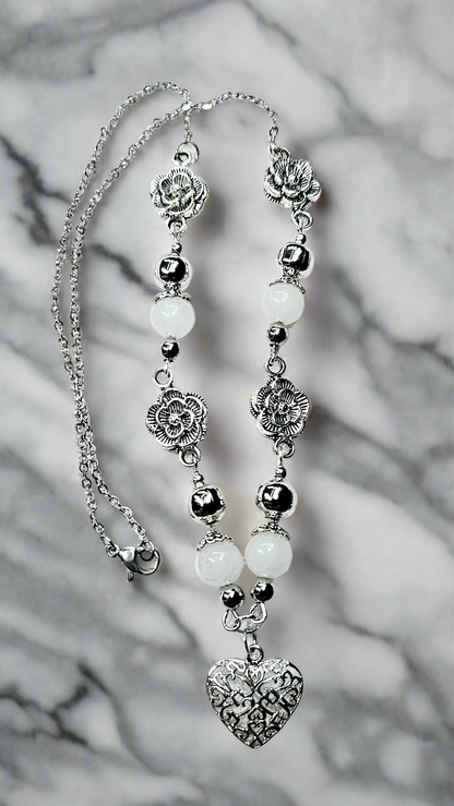 White Glass & Silver Roses Heart Pendant Chain Necklace