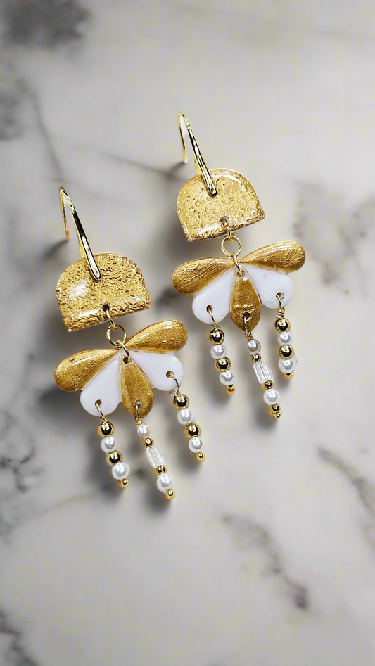 White & Gold Art Deco Clay Fan Dangle Earrings