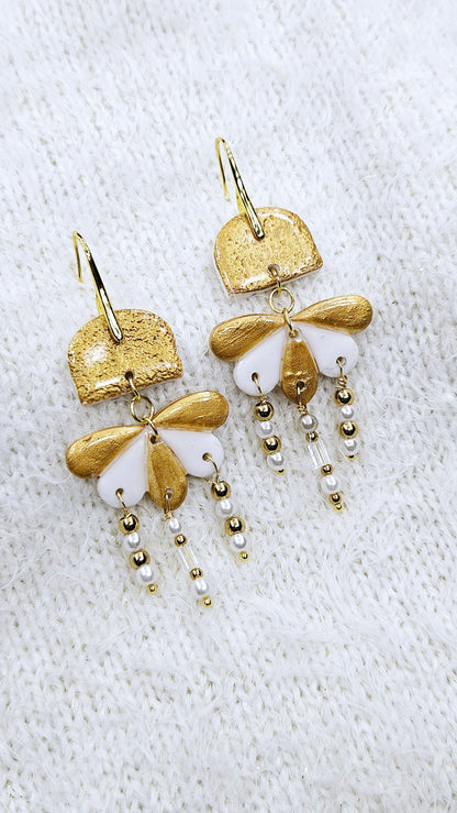 White & Gold Art Deco Clay Fan Dangle Earrings