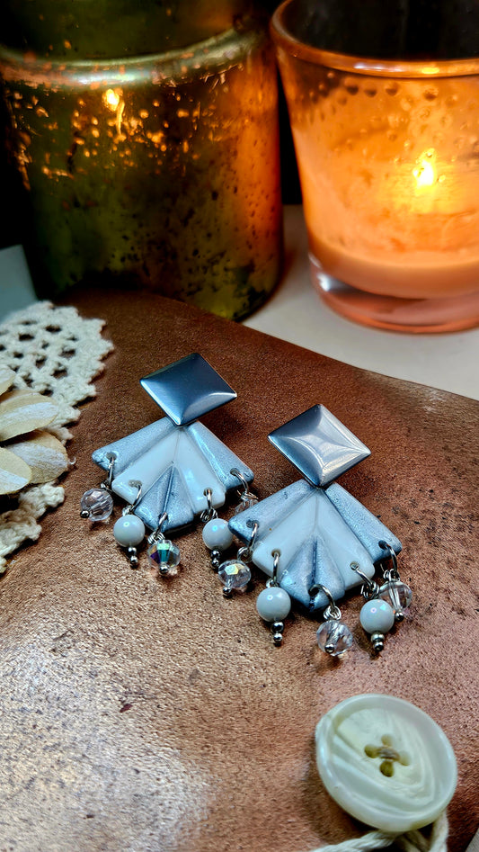 White & Silver Clay Art Deco Style Earrings