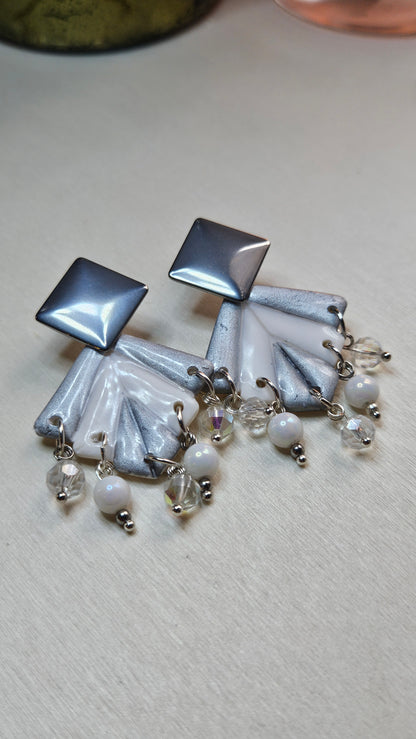White & Silver Clay Art Deco Style Earrings
