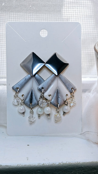 White & Silver Clay Art Deco Style Earrings