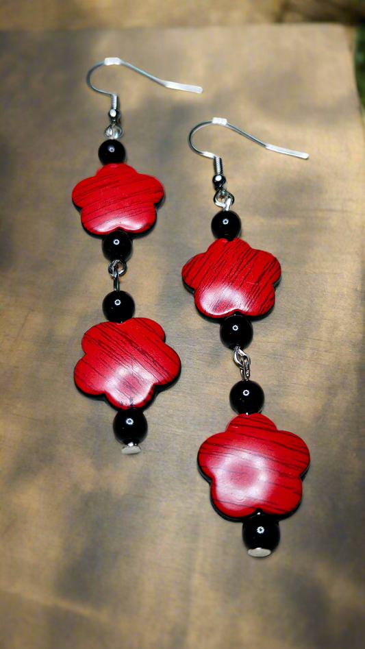 Woody Red & Black Flower Dangle Earrings