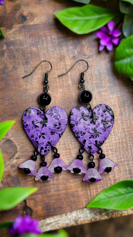 Short Black Floral Clay & Purple Bellflower Earrings