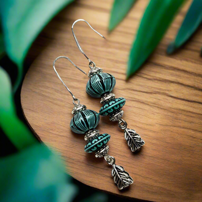 Western Style Vintage Turquoise and Silver Dangle Earrings with Feather Charms
