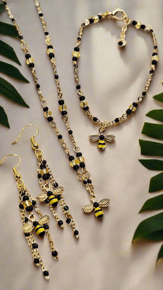 Black and Yellow Bee Charms on Black and Gold Chain Necklace, Earrings and Bracelet Set