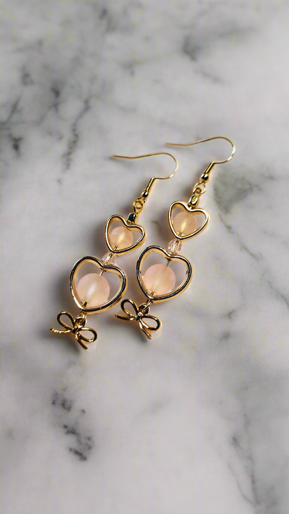 Hollow Gold Heart Earrings with Pale Pink Frosted Glass and Bow Charms Dangles - 2¼"