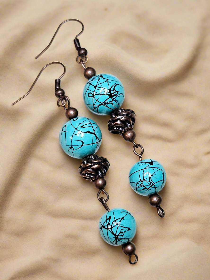 Turquoise Blue & Red Copper Dangle Earrings