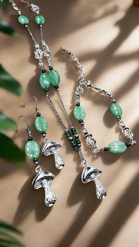 Jade Mushrooms Set - Large Silver Mushroom Pendant Necklace, Matching Mushroom Charm Earrings & Bracelet with Jade Green