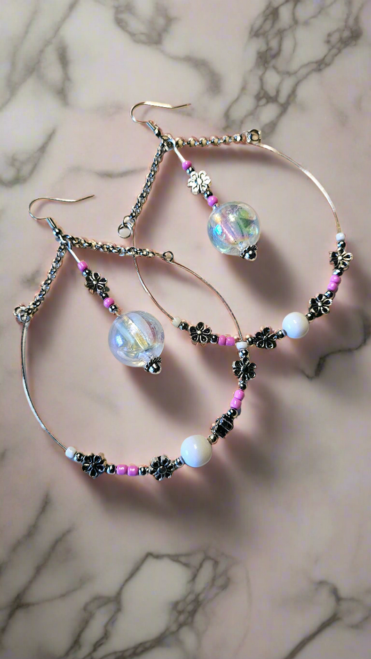 Large Iridescent Gumdrop Pink Beaded Teardrop Hoop Earrings