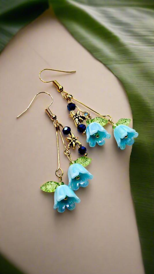 Beloved Blue Bellflowers & Tiny Dragonflies Drop Dangle Earrings