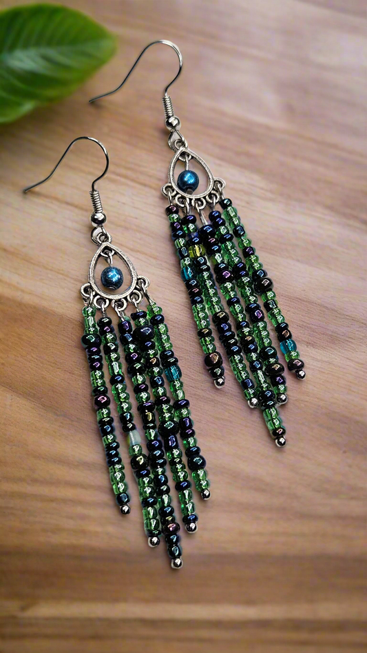 Long Silver Chandelier Earrings with Blue and Green Glass Beaded Tassels - 4"