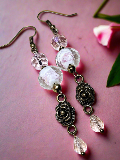 Pink Hidden Flower Crystal Earrings with Antiqued Brass Roses and Crystal Dangles - 3½"