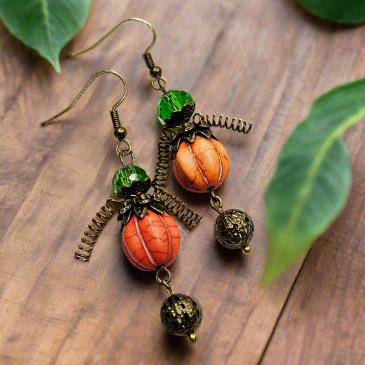 Orange "Pumpkin Men" Earrings with Hollow Brass Dangles