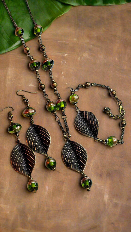 Lush & Lively Leaves Set: Brass Leaf Pendant Necklace, Bracelet & Earrings with Bright Green Copper Glitter Brushed Glass Beads
