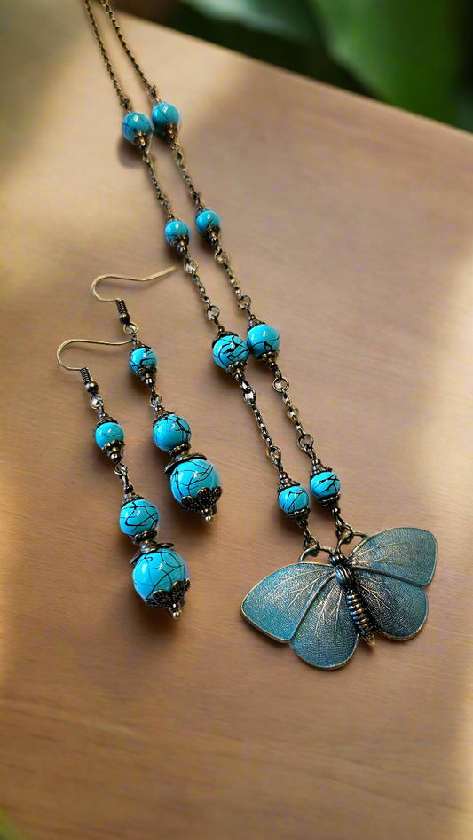 Butterfly Blues Set - Pure Brass Butterfly Pendant Necklace with Turquoise Style Beads & Matching Earrings