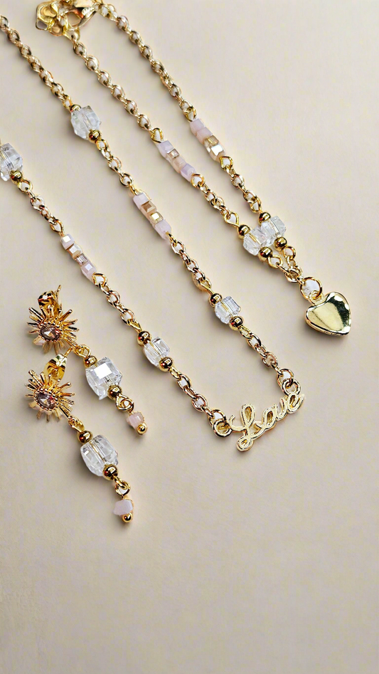 Love in Luxury Set: Gold Love Pendant Necklace, Heart Charm Bracelet, and Square Crystal Stud Dangle Earrings
