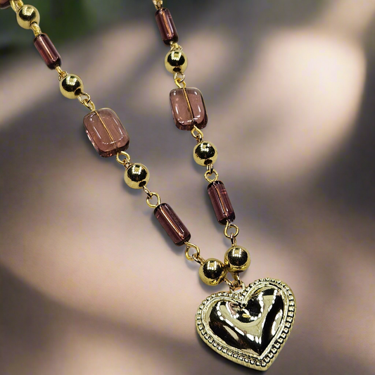 Gold Heart Pendant Necklace with Dark Mauve Glass Beaded Chain