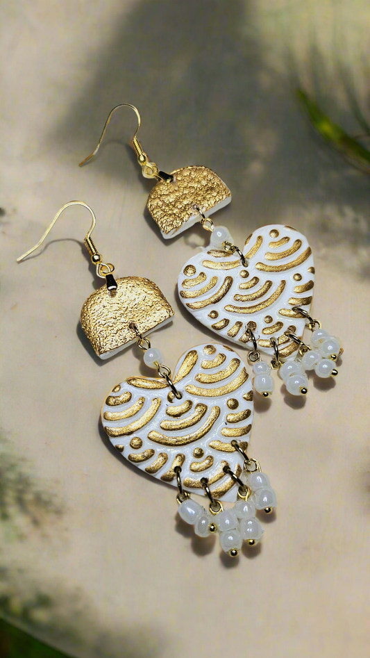 Bold Gold Clay Heart Earrings with White Glass Dangles - 3½"