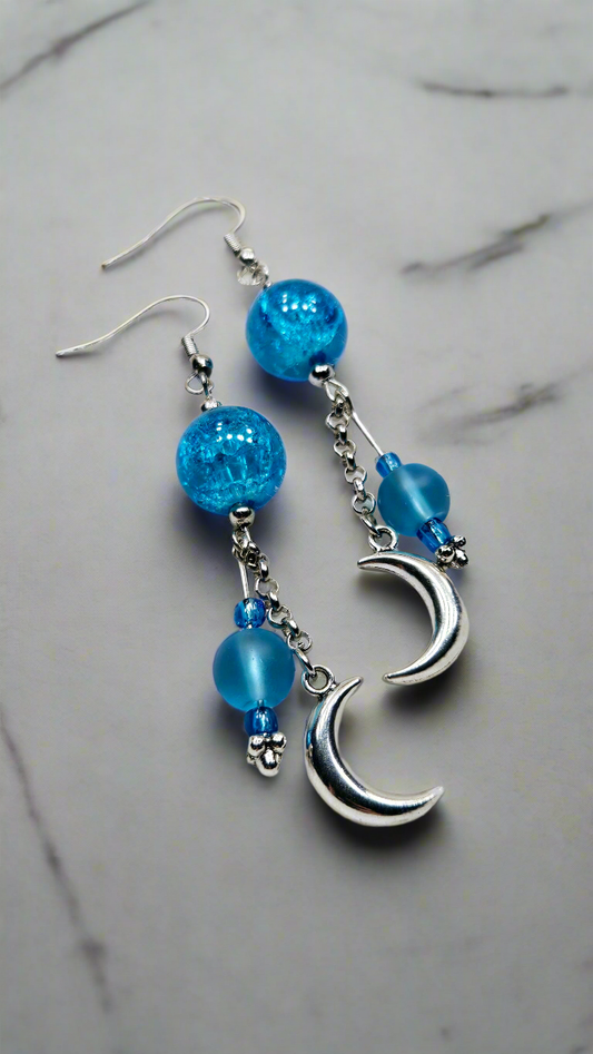 Crushed Blue Glass & Silver Crescent Moon Charm Dangle Earrings