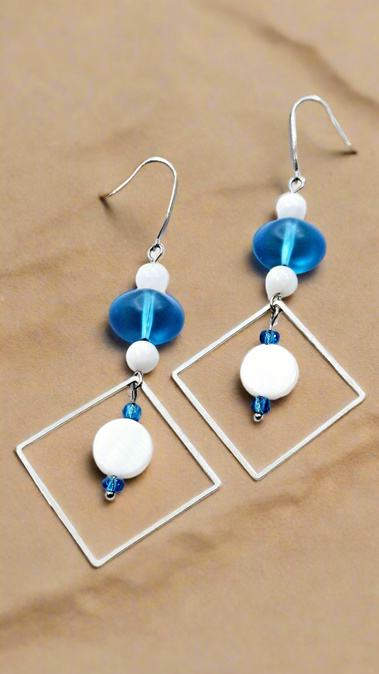 Deep Sky Blue & Pearl Silver Diamond Hoop Dangle Earrings