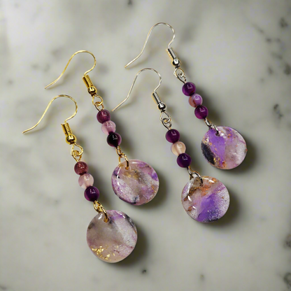 Purple Polymer Clay Marble with Gold Fleck and Polished Purple Stones in Gold or Silver