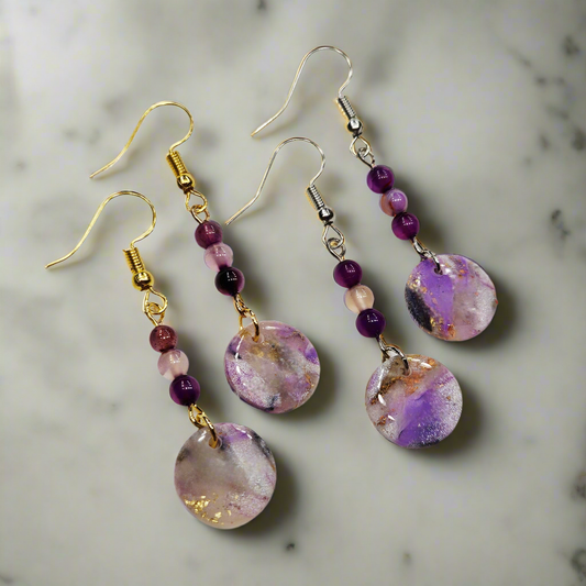 Purple Polymer Clay Marble with Gold Fleck and Polished Purple Stones in Gold or Silver