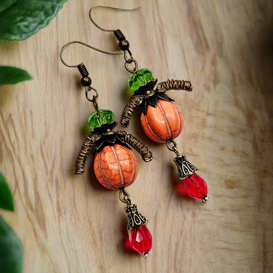 Orange "Pumpkin Men" Earrings with Crystal Teardrop Dangles on Brass