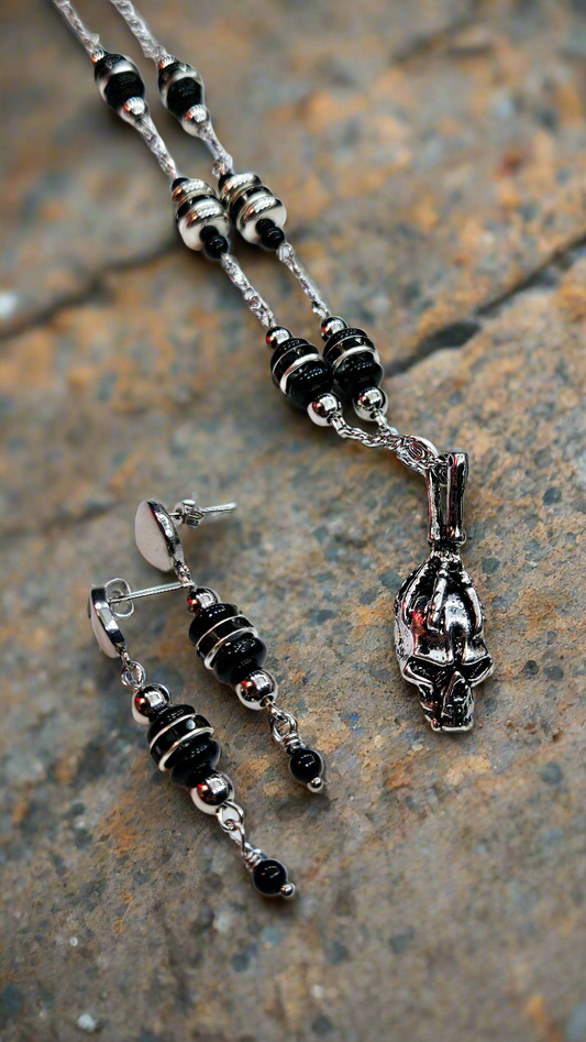 Black & Silver Skull Set: Skeleton Hand Gripping Skull Pendant Necklace with Black & Silver Beads, matching Earrings