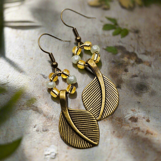 Golden Yellow and Pale Green Leaf Dangle Earrings