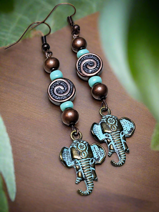 Eclectic Elephant Charm Copper Dangle Earrings - 3½"
