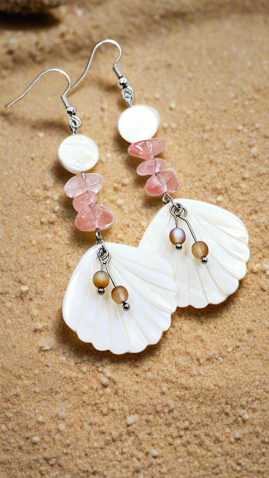 Coin Shell and Natural Salmon Pink Stone Earrings with Pearlescent Clam Shells and Tiny Glass Dangles - 3¼"