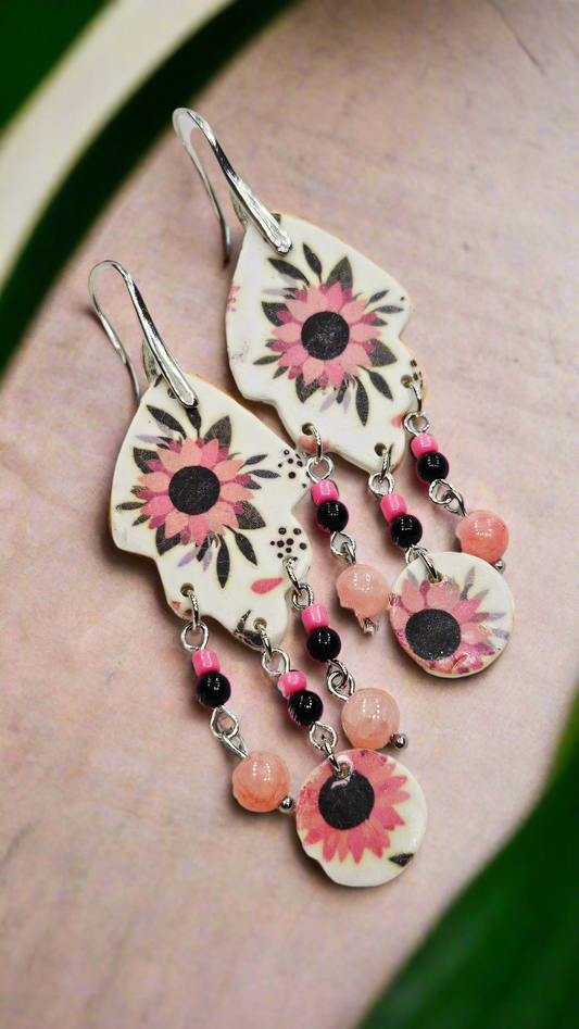 Vintage Pink Floral Print Polymer Clay Chandelier Earrings with Pink & Black Dangles - 3"