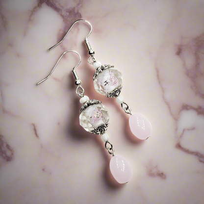 Hidden Flower Crystal Dangle Earrings with Light Pink Oval Glass and Silver Flower Caps - 2¼"