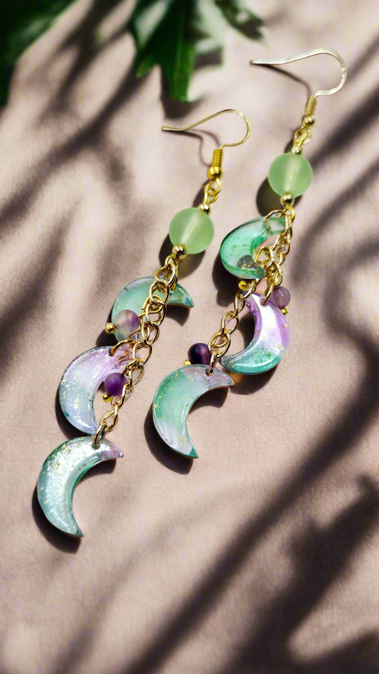 Mystical Moons Jade Green & Purple with Gold Fleck on Gold Chain Cluster Dangle Earrings 
