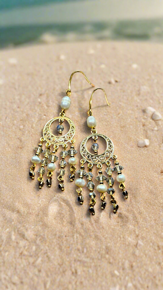 Gold Boho Chandelier Earrings with White Freshwater Pearls & Crystal Dangles - 3½"