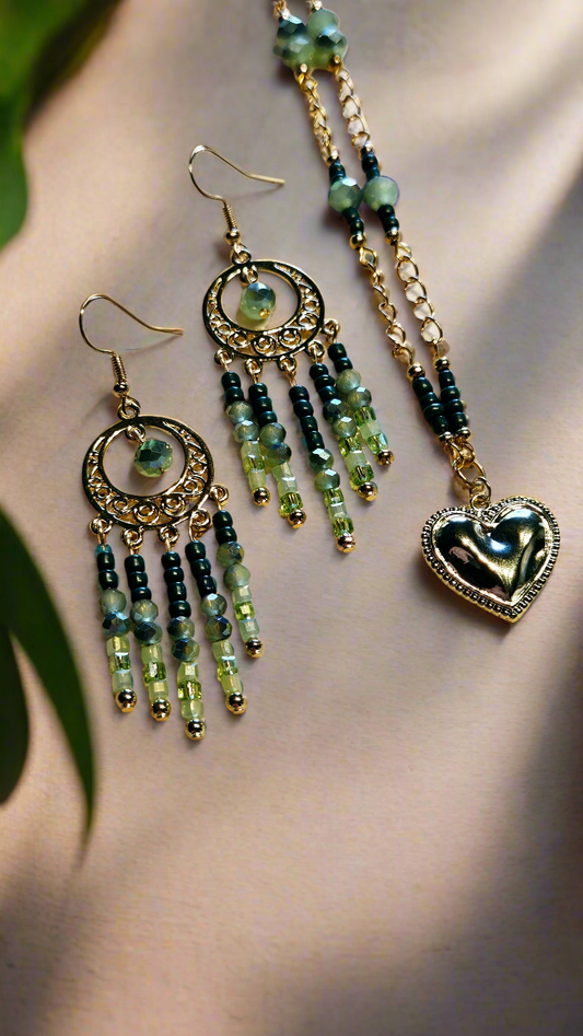 Gorgeous Greens Set - Golden Heart Pendant Necklace & Matching Chandelier Earrings