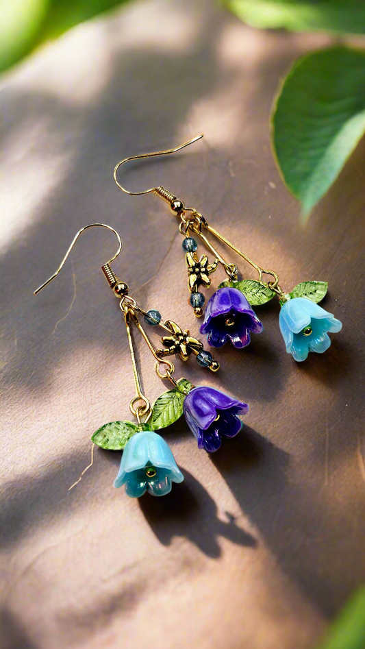 Beloved Blue & Purple Bellflowers & Tiny Dragonflies Drop Dangle Earrings