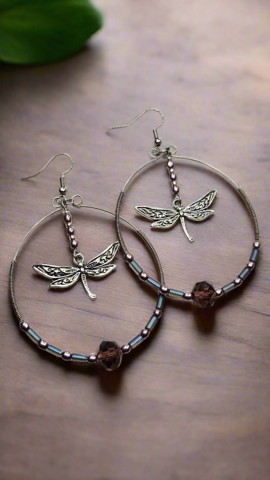 Ornate Silver Dragonflies in Large Silver Wire Wrapped Purple Beaded Hoops Earrings - 3¼"x2½"