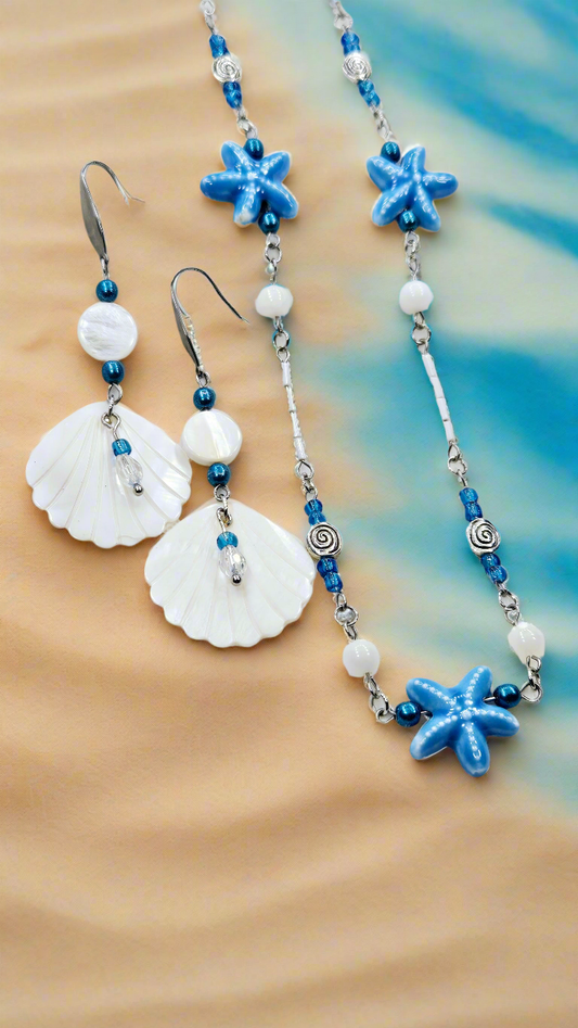 Caribbean Calm Set: Blue Starfish Pendant Necklace with Pearlescent Clam Shell Earrings