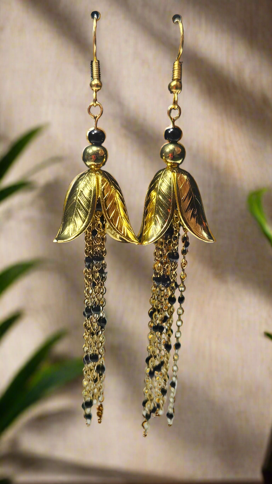 Golden Leaf Blossom Earrings with Long Gold & Black Chain Tassels